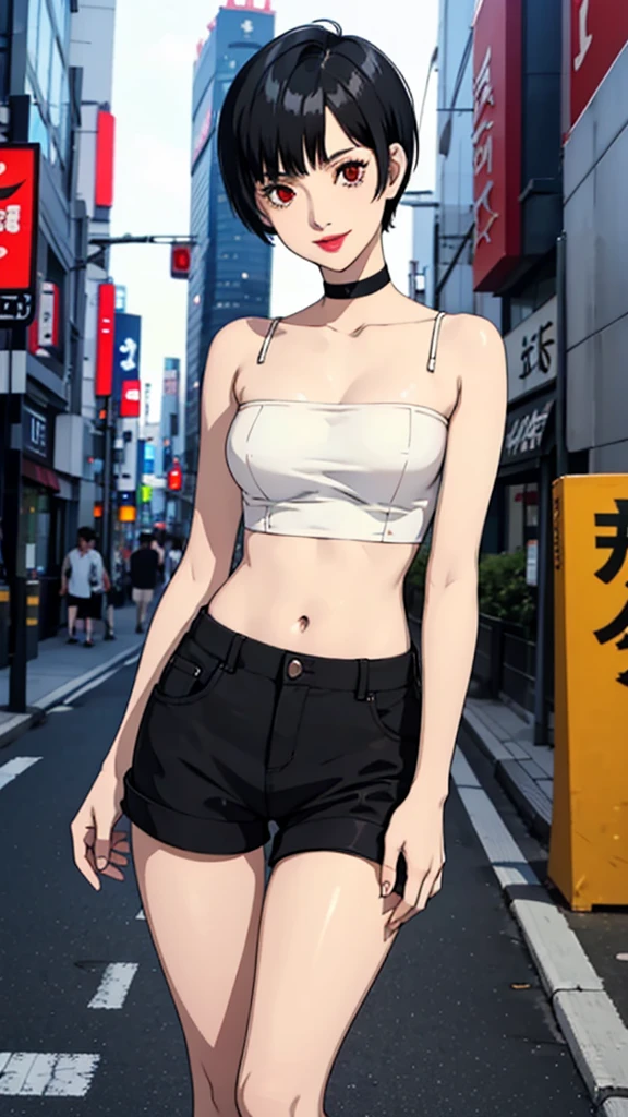 1 girl, red eyes, very Short hair, black choker, lipstick , smile, black hair, tomboy Pixie haircut, shorts, long socks, white bandeau, belly, medium breast, pants, cowboy shot, Tokyo street background