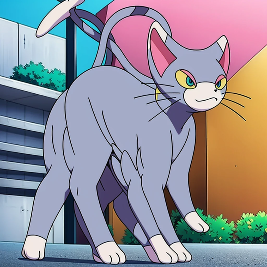 glameow, dual colored fur, grey fur, white fur, green eyes, colored sclera, yellow sclera, pink eyelid, spiraled tail, city background, walking on sidewalk, quadruped, on all fours