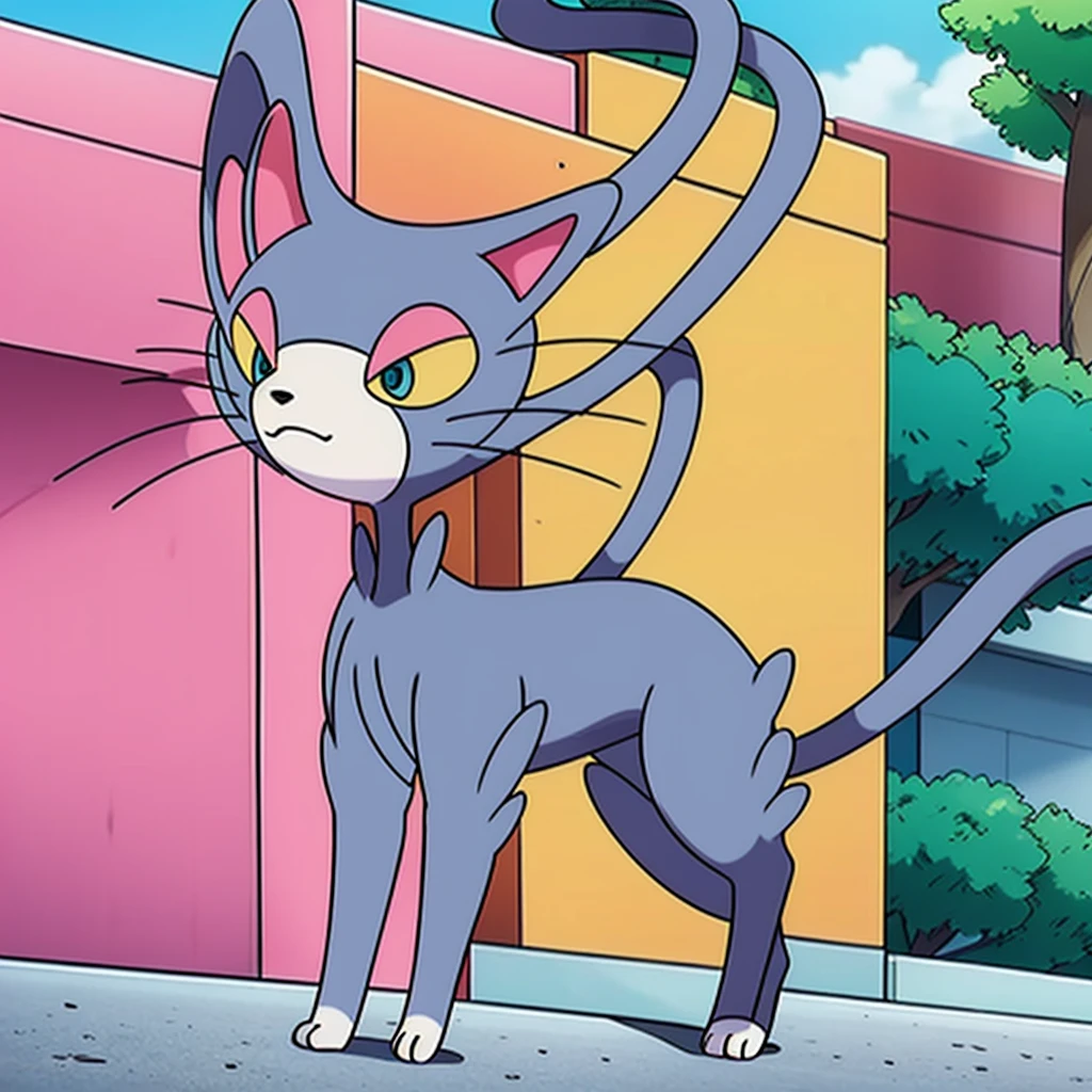 glameow, dual colored fur, grey fur, white fur, green eyes, colored sclera, yellow sclera, pink eyelid, spiraled tail, city background, walking on sidewalk, quadruped, on all fours