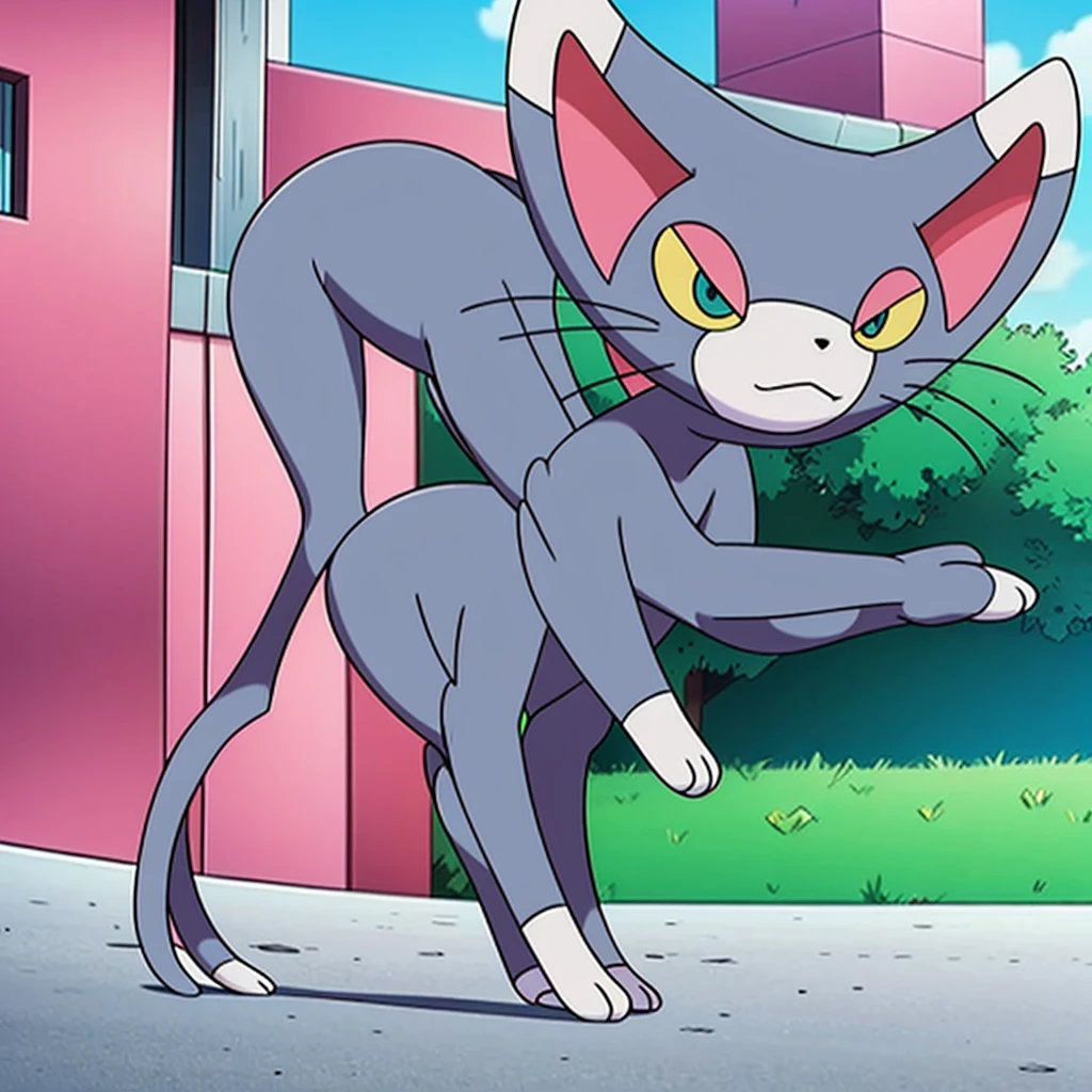 glameow, dual colored fur, grey fur, white fur, green eyes, colored sclera, yellow sclera, pink eyelid, spiraled tail, city background, walking on sidewalk, quadruped, on all fours