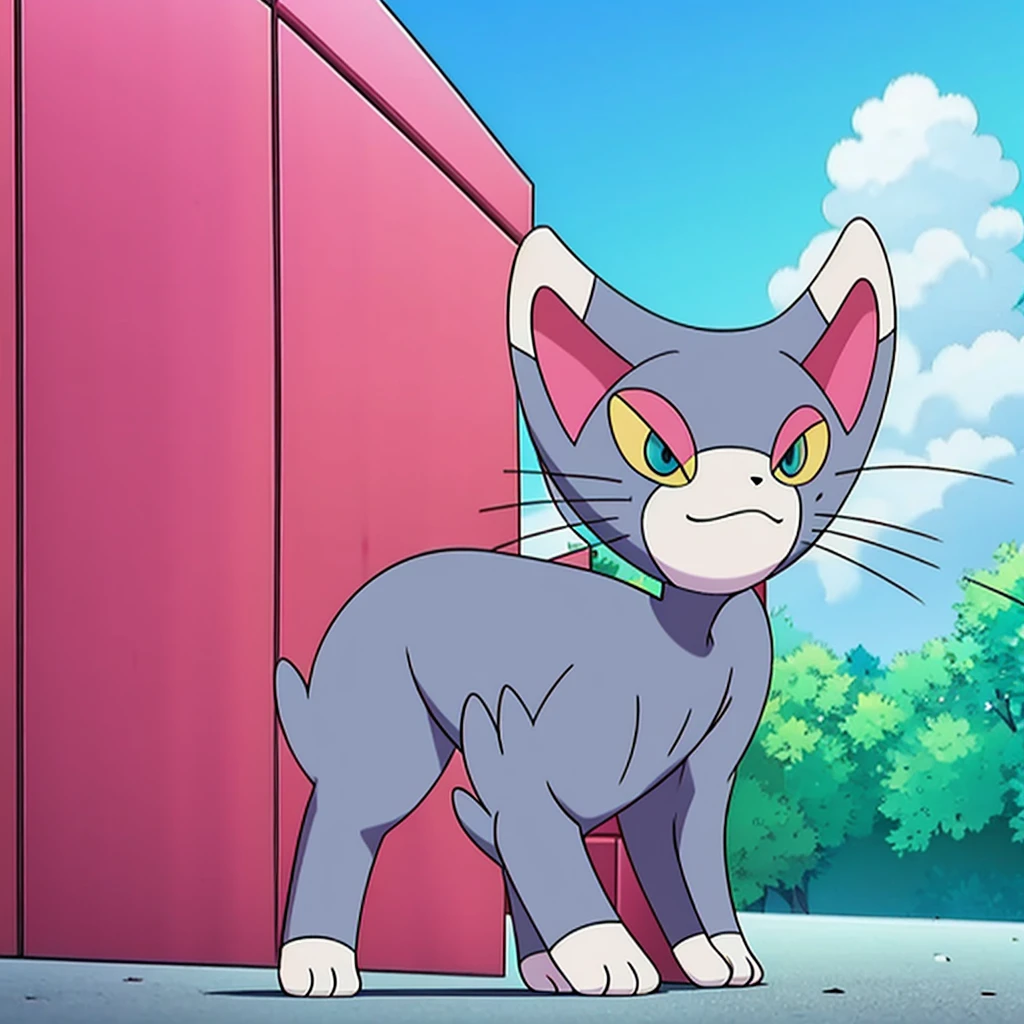 glameow, dual colored fur, grey fur, white fur, green eyes, colored sclera, yellow sclera, pink eyelid, spiraled tail, city background, walking on sidewalk, quadruped, on all fours