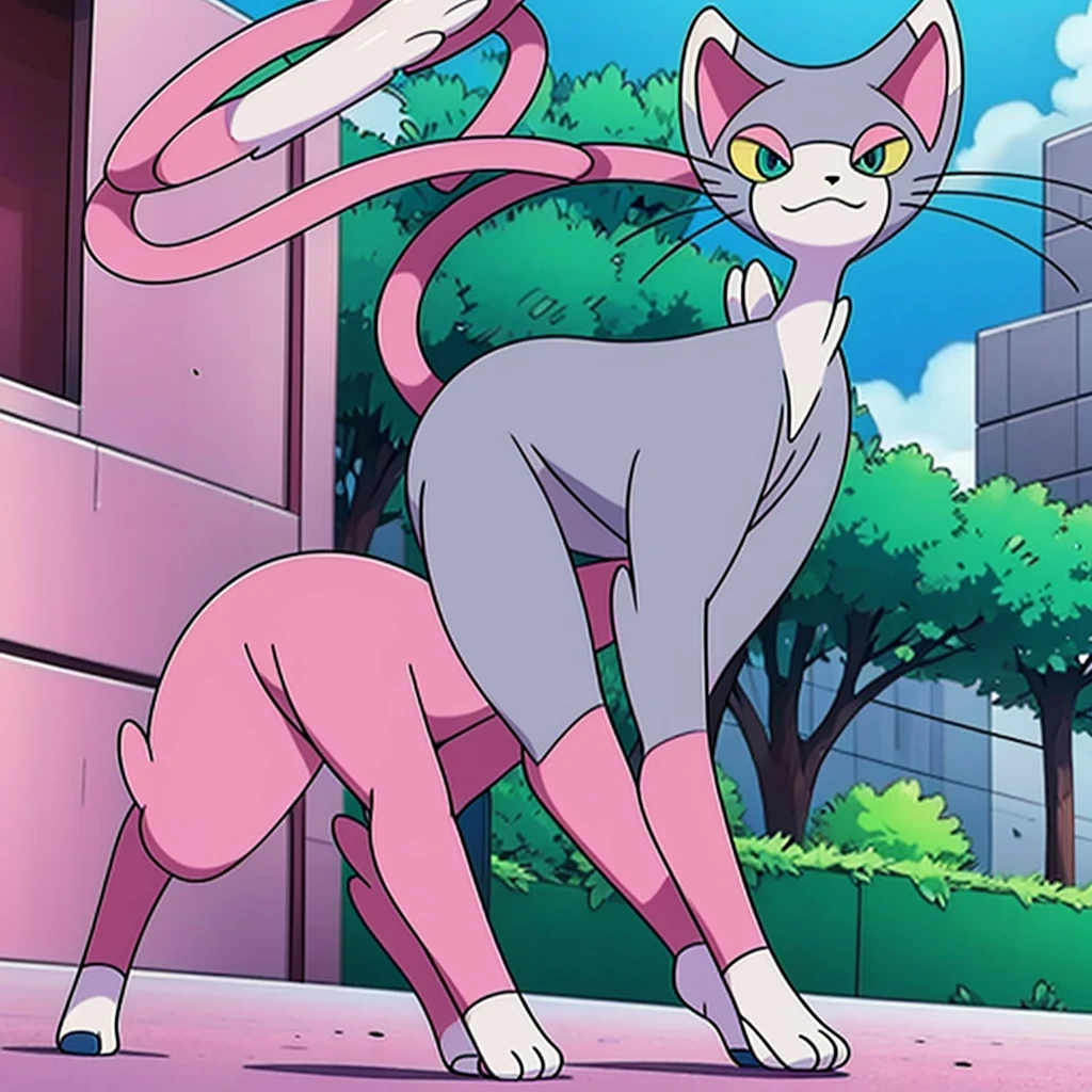 glameow, dual colored fur, grey fur, white fur, green eyes, colored sclera, yellow sclera, pink eyelid, spiraled tail, city background, walking on sidewalk, quadruped, on all fours