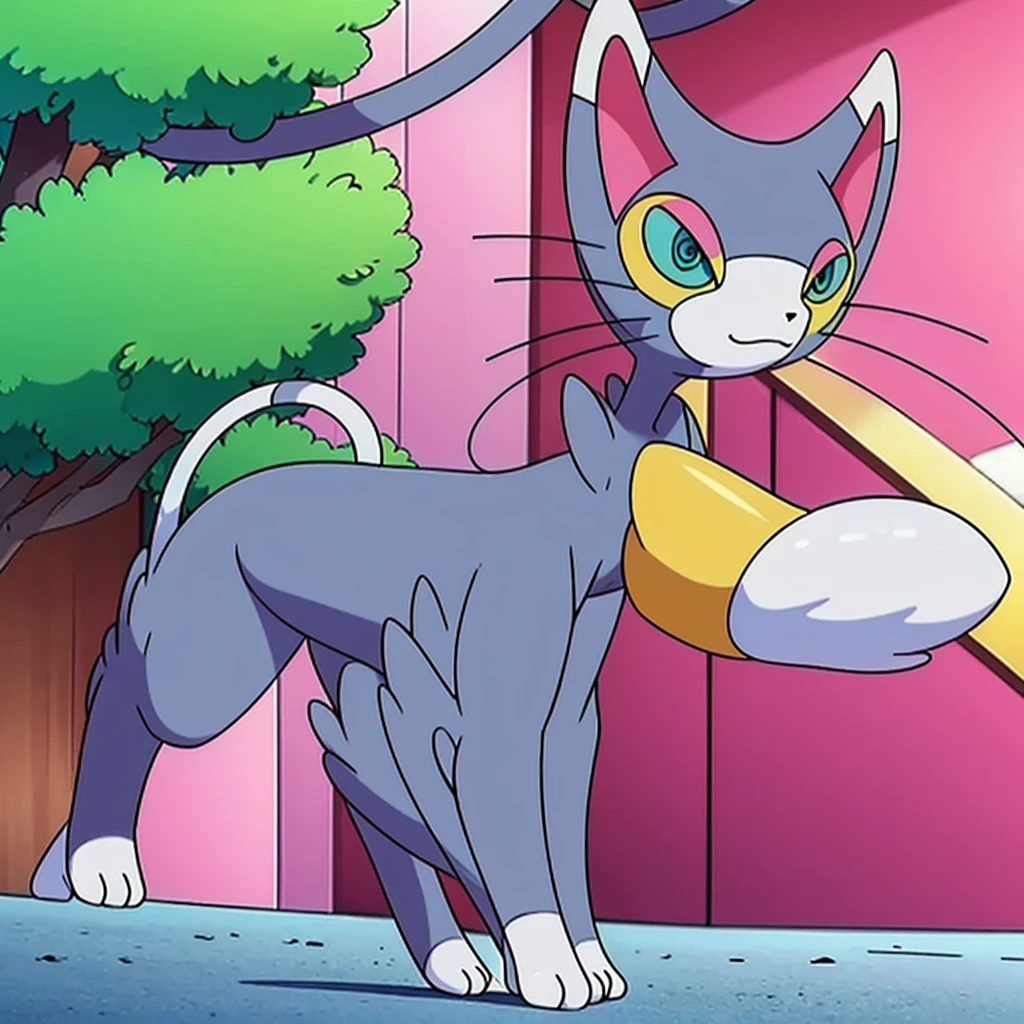 glameow, dual colored fur, grey fur, white fur, green eyes, colored sclera, yellow sclera, pink eyelid, spiraled tail, city background, walking on sidewalk, quadruped, on all fours