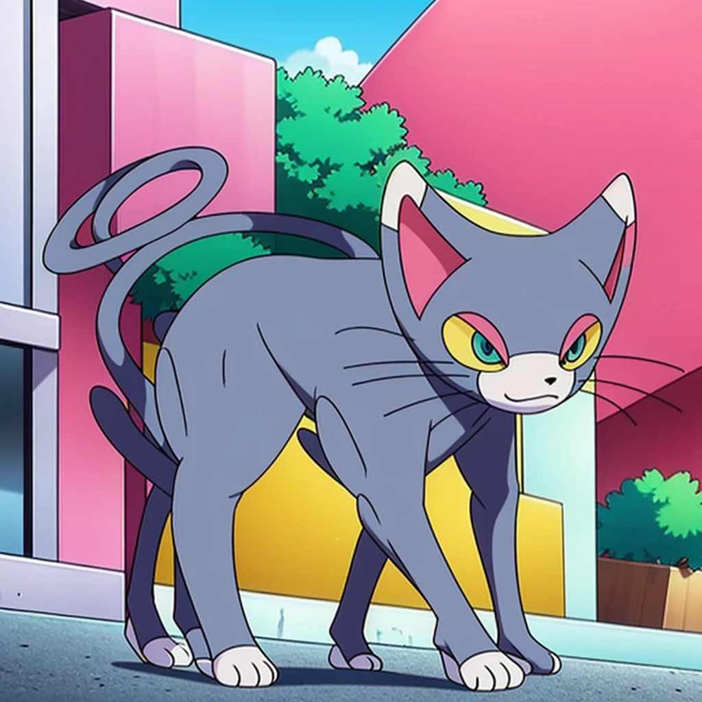 glameow, dual colored fur, grey fur, white fur, green eyes, colored sclera, yellow sclera, pink eyelid, spiraled tail, city background, walking on sidewalk, quadruped, on all fours