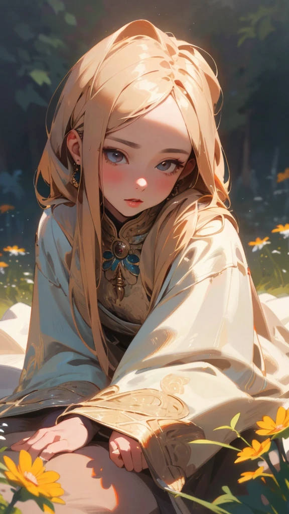 intricate detailed portrait of a young woman, serene expression, long brown flowing robe, sitting in a field of cosmos flowers, wide sleeves, looking up at the sky, beautiful detailed eyes, beautiful detailed lips, extremely detailed face, longeyelashes, (best quality,4k,8k,highres,masterpiece:1.2),ultra-detailed,(realistic,photorealistic,photo-realistic:1.37),HDR,studio lighting,vivid colors,natural lighting,peaceful landscape,warm color tones