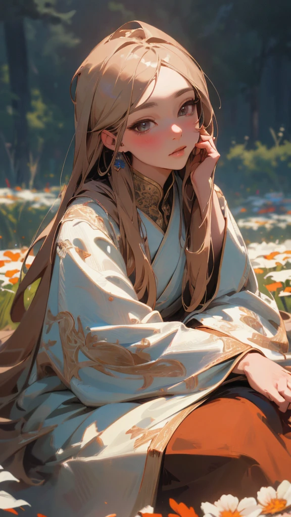 intricate detailed portrait of a young woman, serene expression, long brown flowing robe, sitting in a field of cosmos flowers, wide sleeves, looking up at the sky, beautiful detailed eyes, beautiful detailed lips, extremely detailed face, longeyelashes, (best quality,4k,8k,highres,masterpiece:1.2),ultra-detailed,(realistic,photorealistic,photo-realistic:1.37),HDR,studio lighting,vivid colors,natural lighting,peaceful landscape,warm color tones