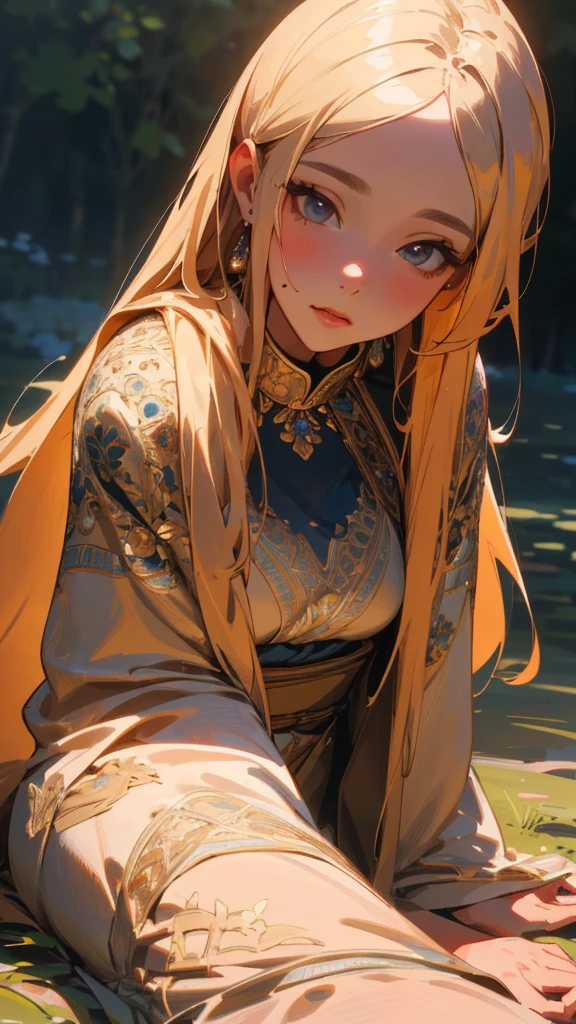 intricate detailed portrait of a young woman, serene expression, long brown flowing robe, sitting in a field of cosmos flowers, wide sleeves, looking up at the sky, beautiful detailed eyes, beautiful detailed lips, extremely detailed face, longeyelashes, (best quality,4k,8k,highres,masterpiece:1.2),ultra-detailed,(realistic,photorealistic,photo-realistic:1.37),HDR,studio lighting,vivid colors,natural lighting,peaceful landscape,warm color tones