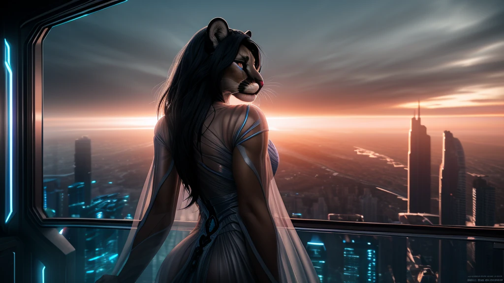 Goddess, dramatic pose, a beautiful anthro cougar girl with black hair, gorgeous detailed eyes, uncomfortable, awkward, blushing face, ethereal gown, transparent flowing fabric drapped over her, leaning against a window frame looking out over a panoramic futuristic cityscape, dramatic lighting, highly detailed, 8k, ultra-realistic, cinematic, intricate, mist swirling around her,
