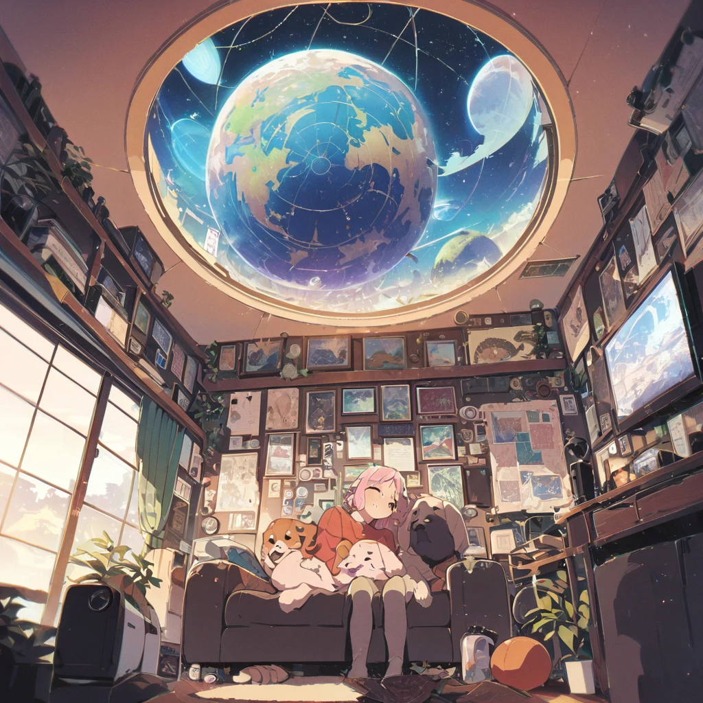 ((anime:1.4,illustration)),(masterpiece, top quality, best quality),(ultra-detailed, absolutely resolution),((16k, high res)), (((Interior, small living room, planetarium on the whole ceiling, boy and dog looking up)) ((cosy lofi illustration:1.4)), ((anime:1.4, illustration)),(masterpiece, top quality, best quality),(ultra-detailed, absolutely resolution),((16k, high res)) BREAK {lofi art, style of Laurie Greasley, style of Makoto Shinkai, anime aesthetic}, BREAK { (produces images with information than 40 million pixels with cinematic-like detailed textures shot on a Sony SLR).}