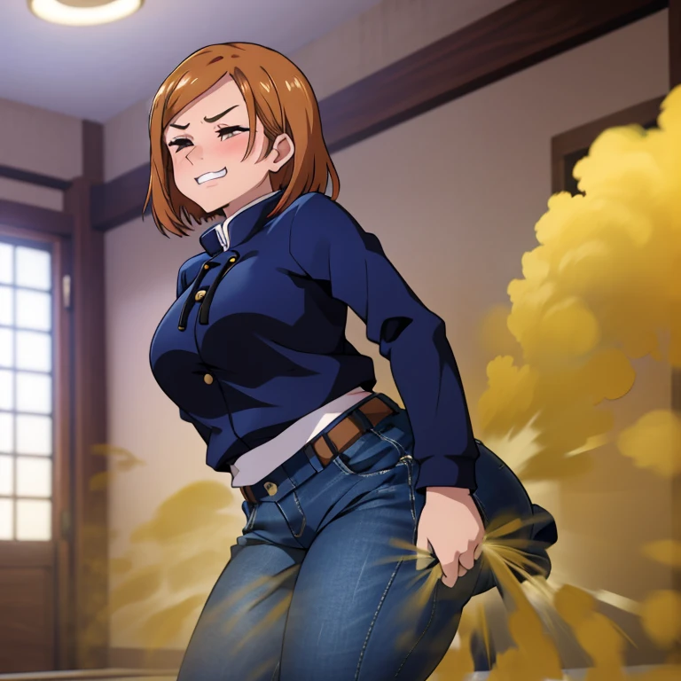 HD, high quality, high resolution, ultrahd, Nobara Kugisaki, 1female, wearing default outfit, dark blue hoodie, white pants, default hair, brown hair, very tall body, thin body, massive fart, yellow smoke, velocity, 1 eye closed, 1 eye opened, forcing, struggling, struggle face, blush leaning, embarrassed, smiling, teeth, alone in a room, beautiful lighting, highlights