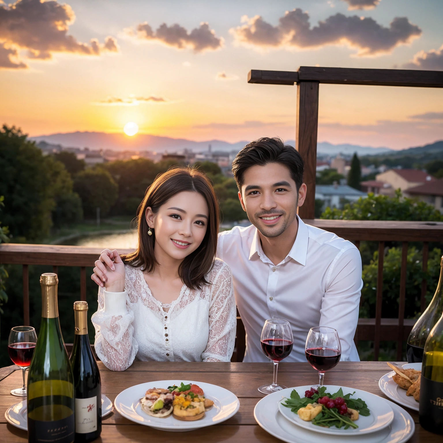 ((Highest quality、8k、masterpiece:1.3))、 (Genuineistic, Genuine、Bright image、Intricate details:1.2), 最高のsmile 男性1人 女性1人、Beautiful couple、lover、Relatives and friends、spouse、actress couple、smile、Full-course dinner at a packed table、 (Slim face), (the body is slim), (Brown Hair), (short hair), テーブルのwine glass、Please shine a light on my face、 Amazing view of the sunset sky and clouds、 (33 years old)38 years old, red wine 、Appetizers、Wine bottle、sparkling wine、Long sleeve shirt、dress、White wine, red wine, wine glass,