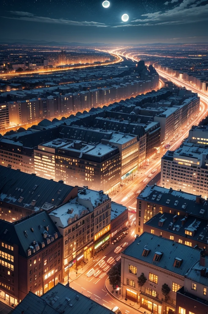 Bustling night, High exposure, Helicopter Shot, high resolution, 4k, Waning Moon, --automatic