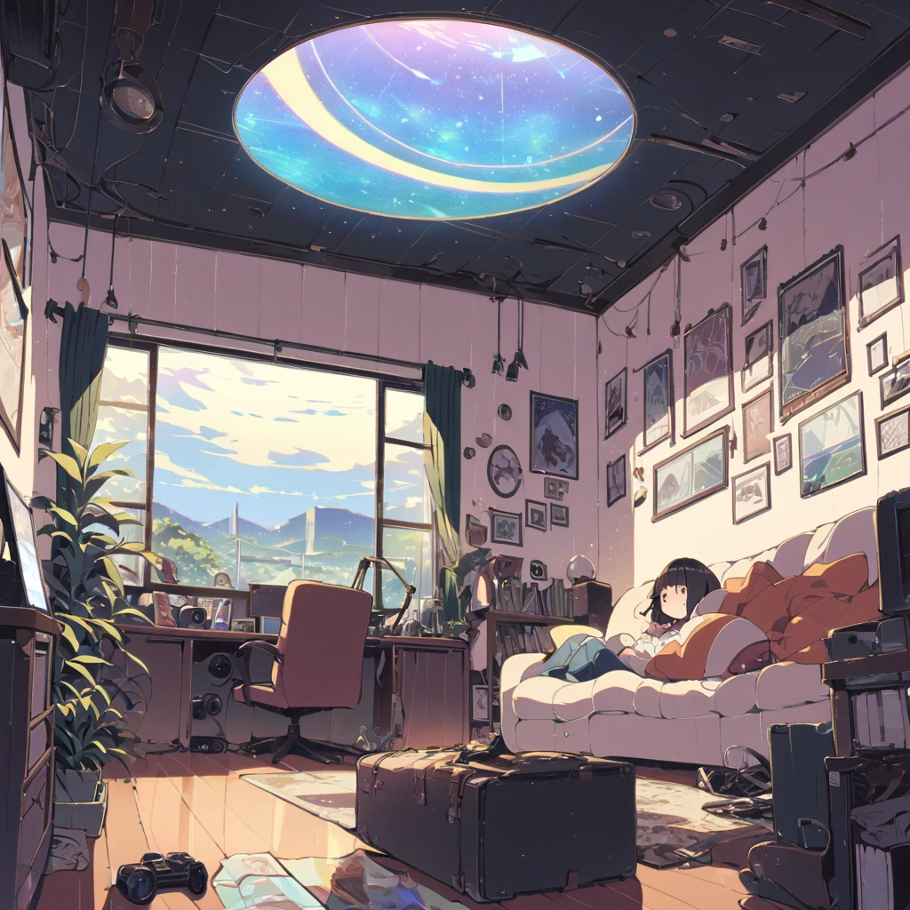 ((anime:1.4,illustration)),(masterpiece, top quality, best quality),(ultra-detailed, absolutely resolution),((16k, high res)), (((Interior, small living room, planetarium on the whole ceiling, boy and dog looking up)) ((cosy lofi illustration:1.4)), ((anime:1.4, illustration)),(masterpiece, top quality, best quality),(ultra-detailed, absolutely resolution),((16k, high res)) BREAK {lofi art, style of Laurie Greasley, style of Makoto Shinkai, anime aesthetic}, BREAK { (produces images with information than 40 million pixels with cinematic-like detailed textures shot on a Sony SLR).}