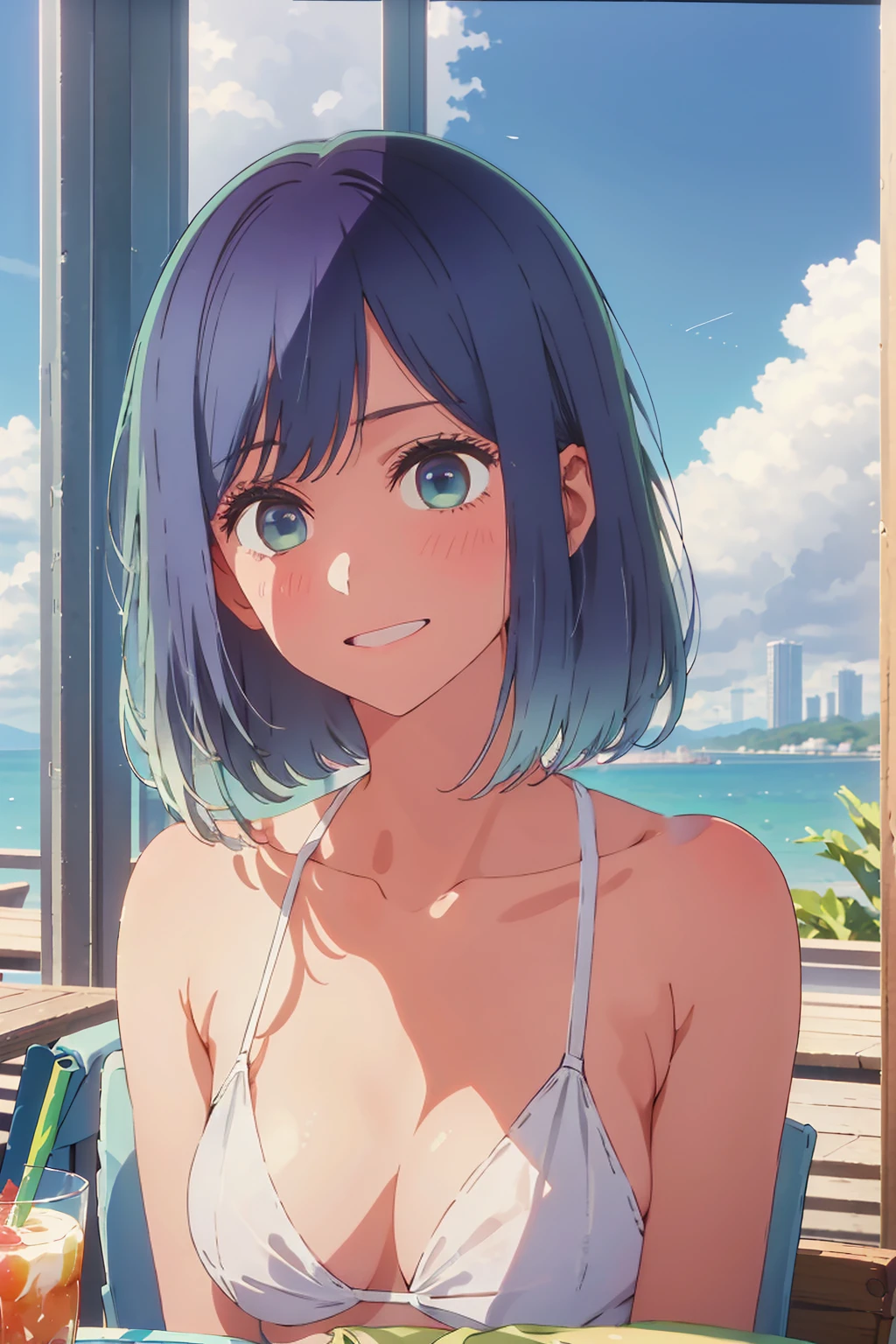 Highest quality,8k,detailed,F cup bust、、Very cute face、Slim and beautiful arms、Slim body、((((1 person、looking at the camera、smile、Very white beautiful skin、Thin white bikini、smile、sit、In the background are the skyscrapers of Tokyo city、Outdoor café terrace、Drink juice、Cheek resting on hand、coastal、table、Shooting from a distance))))、I can see the deep blue sky、She tilted her head slightly、The atmosphere is bright and lively、The woman is at the center of the image。