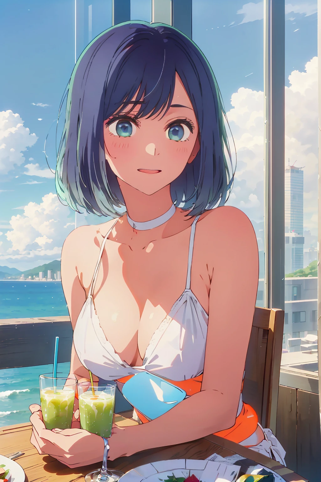 Highest quality,8k,detailed,F cup bust、Big Breasts、Very cute face、Slim and beautiful arms、Slim body、((((1 person、looking at the camera、smile、Very white beautiful skin、Thin white bikini、smile、sit、In the background are the skyscrapers of Tokyo city、Outdoor café terrace、Drink juice、Cheek resting on hand、coastal、table、Shooting from a distance))))、I can see the deep blue sky、She tilted her head slightly、The atmosphere is bright and lively、The woman is at the center of the image。