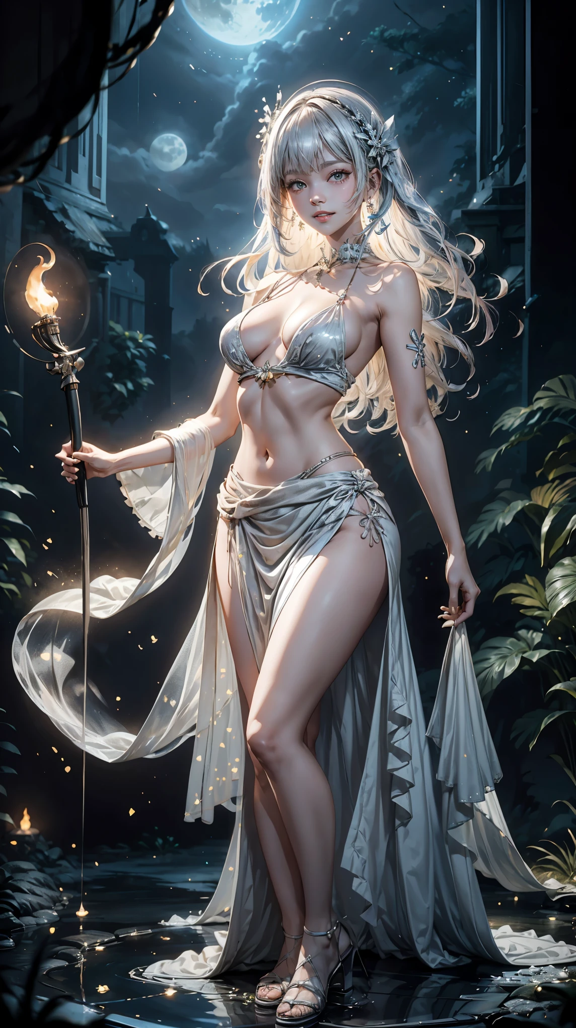 a woman in a silver dress standing in front of a castle, smiley face smile on face, huge breasts, hot body curves, lalisa manobal, skinny girl in white boho dress, white sarong, photo of slim girl model, photo of slim girl, lalisa manoban of blackpink, trending on pixv, trending on tiktok, popular on instagram, anime thai girl, wearing crop top and miniskirt