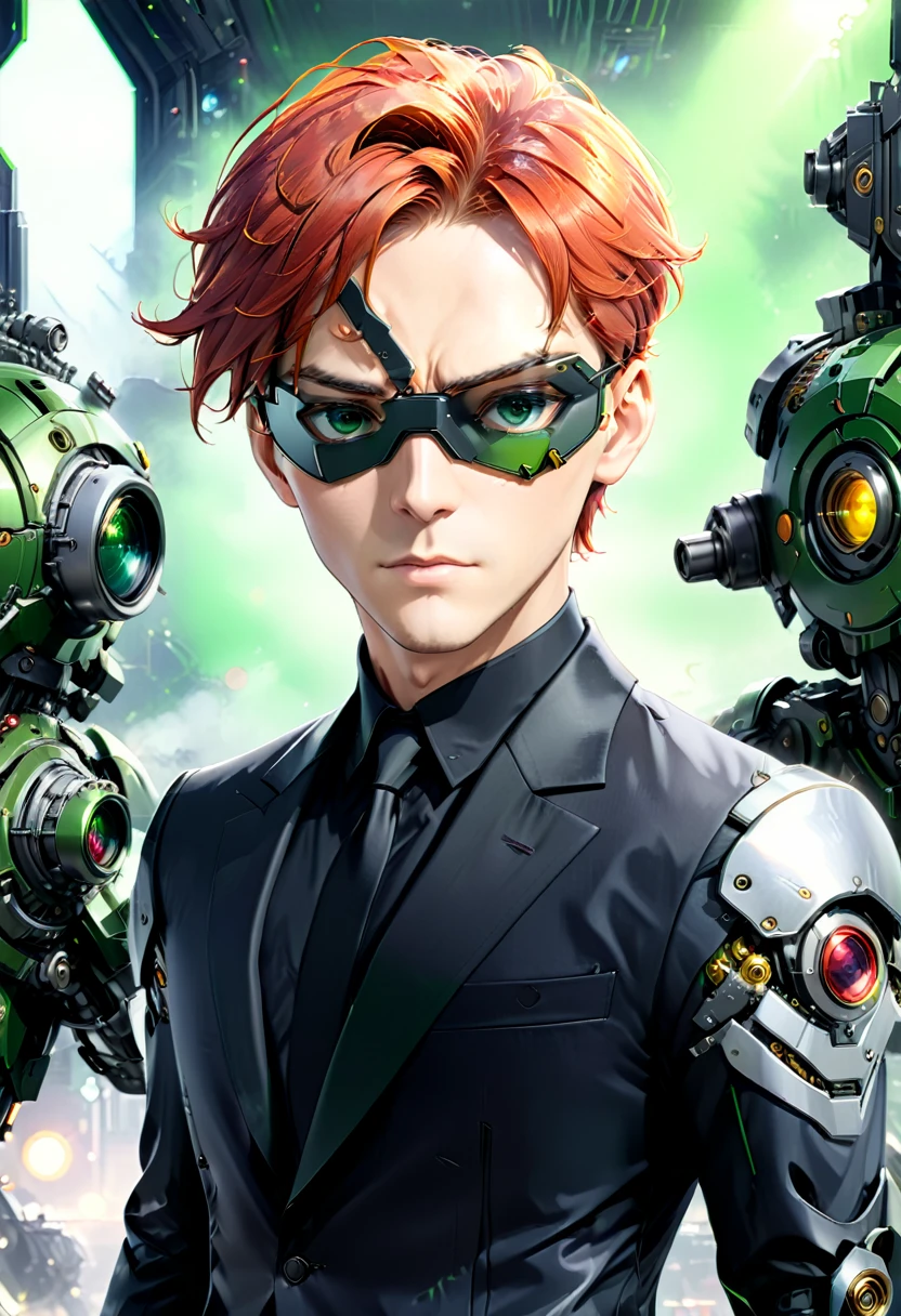 Arafed a picture of a human male spy, wearing dark suit, wearing ((mecha eye patch)), ((eye patch covering only one eye: 1.5)) , exquisite beautiful male, red hair, short crop hair, green eyes, eye patch has intricate mechanical part in it, high society gala event background, (Masterpiece: 1.5), 16k, highres, best quality, high details, ultra detailed, masterpiece, best quality, (extremely detailed), Mechanical Creatures