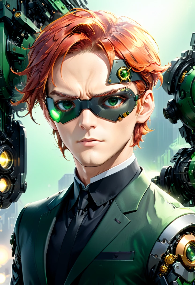 Arafed a picture of a human male spy, wearing dark suit, wearing ((mecha eye patch)), ((eye patch covering only one eye: 1.5)) , exquisite beautiful male, red hair, short crop hair, green eyes, eye patch has intricate mechanical part in it, high society gala event background, (Masterpiece: 1.5), 16k, highres, best quality, high details, ultra detailed, masterpiece, best quality, (extremely detailed), Mechanical Creatures