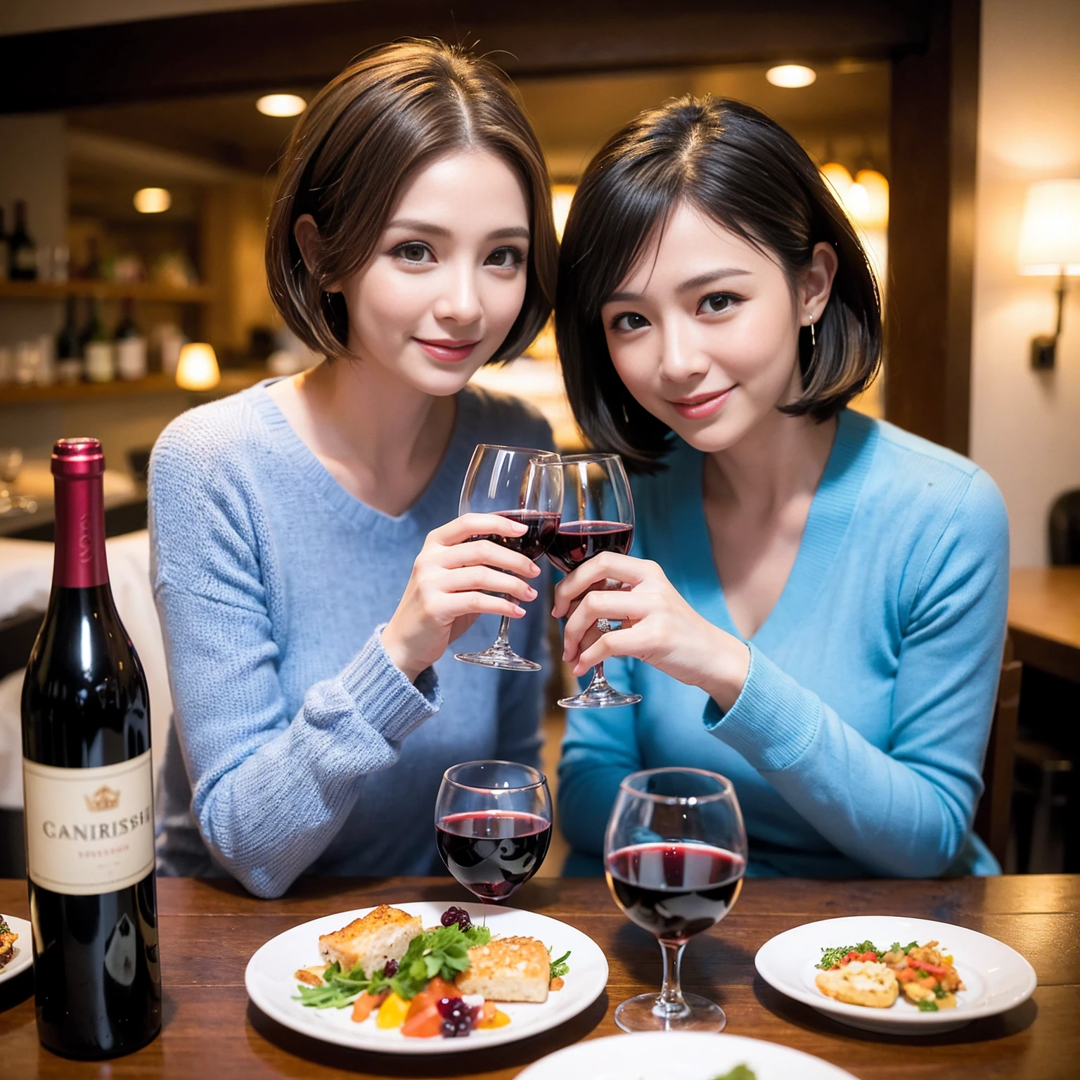 ((Highest quality、8k、masterpiece:1.3))、 (Genuineistic, Genuine、Bright image、Intricate details:1.2), Best smile 1 man 1 woman、Beautiful Couple、Lovers、Relatives and friends、actress couple、couple、Model Couple、Smile、A full-course dinner with a full table、テーブルにwine glass、 (Slim face), (The body is slim), (Brown Hair), (short hair), Please shine a light on my face、 Amazing view of the sunset sky and clouds、 (age 34), 38 years old, red wine 、Appetizers、Wine bottle、sparkling wine、Long sleeve shirt、dress、White wine, red wine, wine glass, 