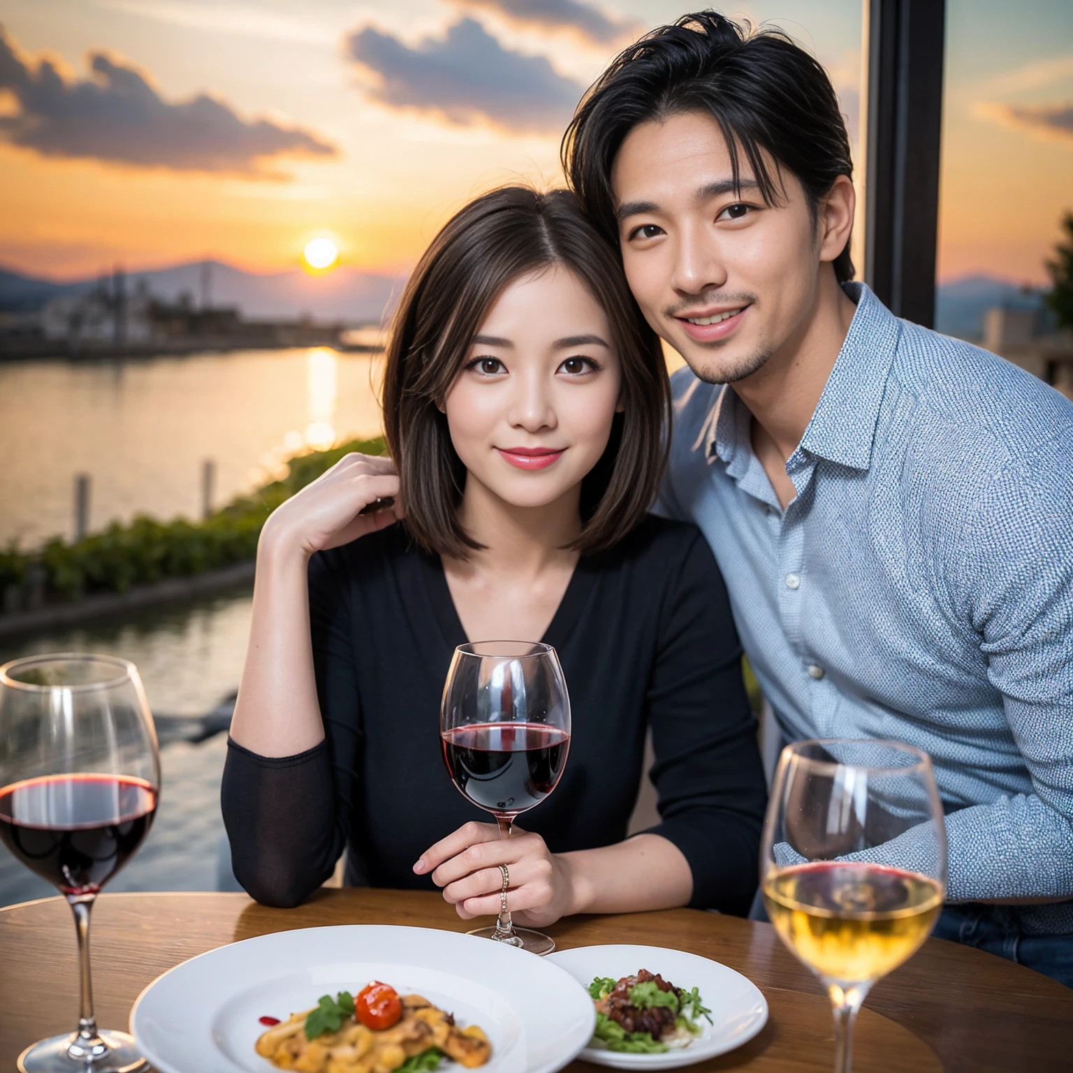 ((Highest quality、8k、masterpiece:1.3))、 (Genuineistic, Genuine、Bright image、Intricate details:1.2), Best smile 1 man 1 woman、Beautiful Couple、Lovers、Relatives and friends、actress couple、couple、Model Couple、Smile、A full-course dinner with a full table、テーブルにwine glass、 (Slim face), (The body is slim), (Brown Hair), (short hair), Please shine a light on my face、 Amazing view of the sunset sky and clouds、 (age 34), 38 years old, red wine 、Appetizers、Wine bottle、sparkling wine、Long sleeve shirt、dress、White wine, red wine, wine glass, 