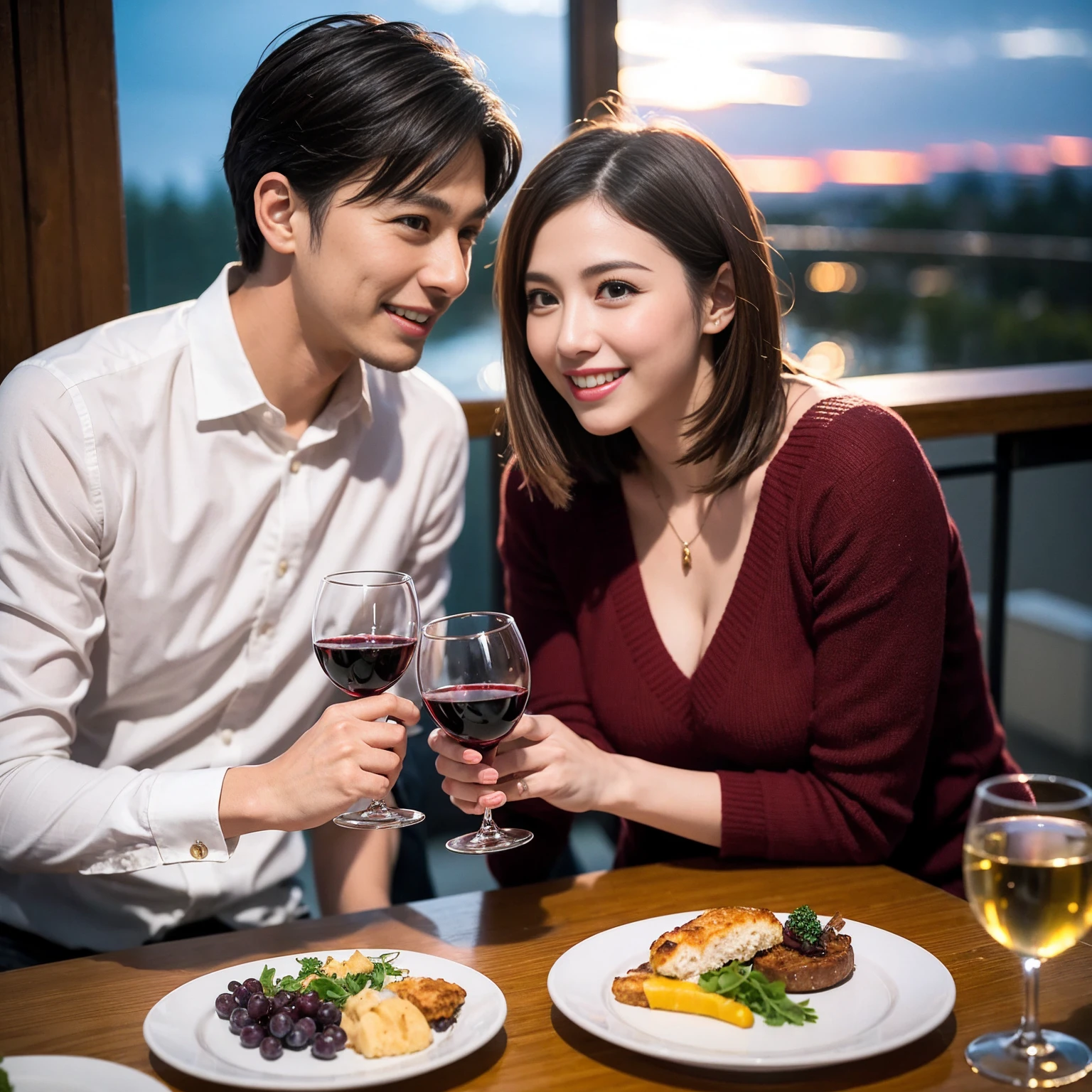 ((Highest quality、8k、masterpiece:1.3))、 (Genuineistic, Genuine、Bright image、Intricate details:1.2), Best smile 1 man 1 woman、Beautiful Couple、Lovers、Relatives and friends、actress couple、couple、Model Couple、Smile、A full-course dinner with a full table、テーブルにwine glass、 (Slim face), (The body is slim), (Brown Hair), (short hair), Please shine a light on my face、 Amazing view of the sunset sky and clouds、 (age 34), 38 years old, red wine 、Appetizers、Wine bottle、sparkling wine、Long sleeve shirt、dress、White wine, red wine, wine glass, 