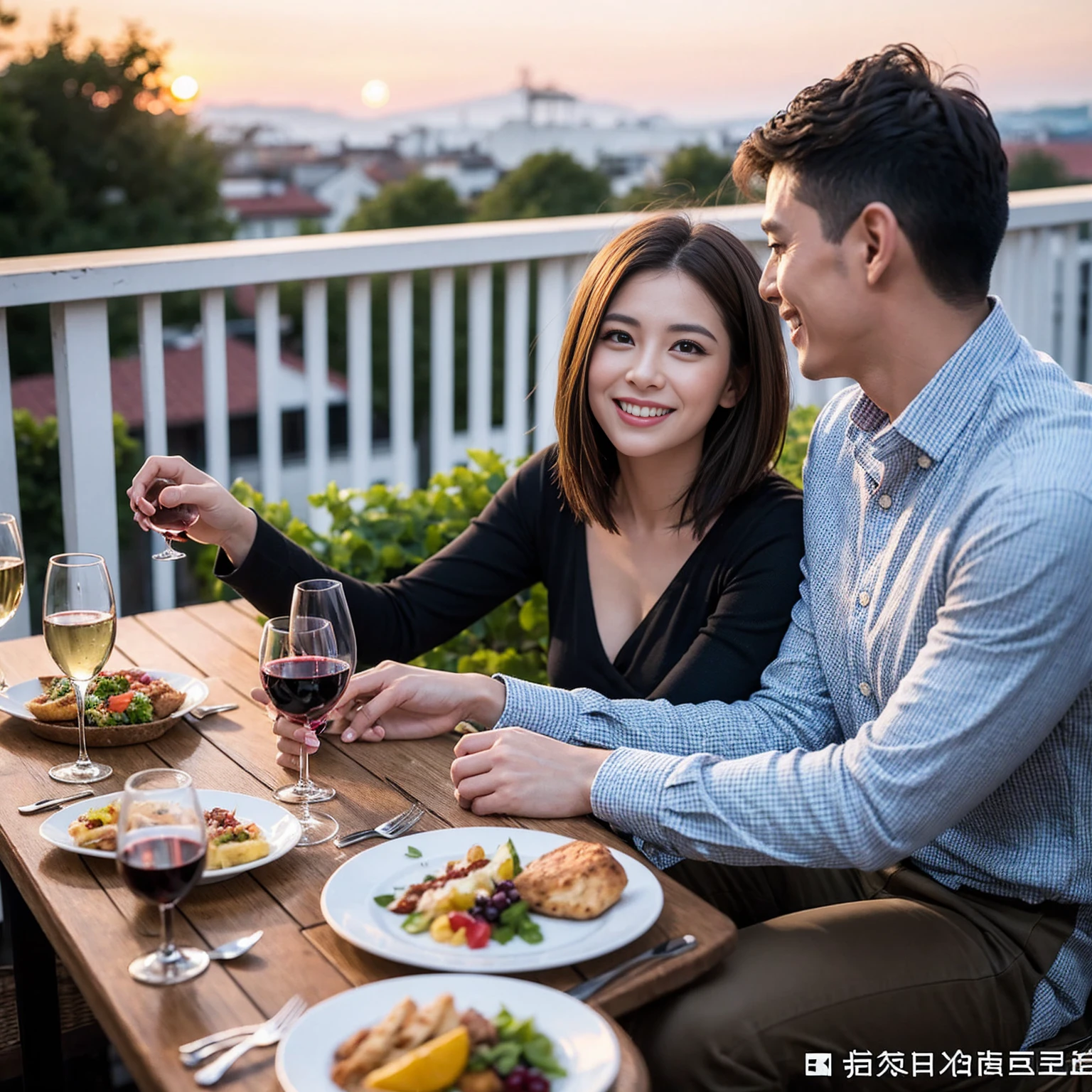 ((Highest quality、8k、masterpiece:1.3))、 (Genuineistic, Genuine、Bright image、Intricate details:1.2), Best smile 1 man 1 woman、Beautiful Couple、Lovers、Relatives and friends、actress couple、couple、Model Couple、Smile、A full-course dinner with a full table、テーブルにwine glass、 (Slim face), (The body is slim), (Brown Hair), (short hair), Please shine a light on my face、 Amazing view of the sunset sky and clouds、 (age 34), 38 years old, red wine 、Appetizers、Wine bottle、sparkling wine、Long sleeve shirt、dress、White wine, red wine, wine glass, 