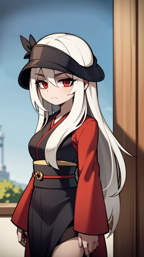 A female with long white hair and red eyes,wearing a black and red kimono
