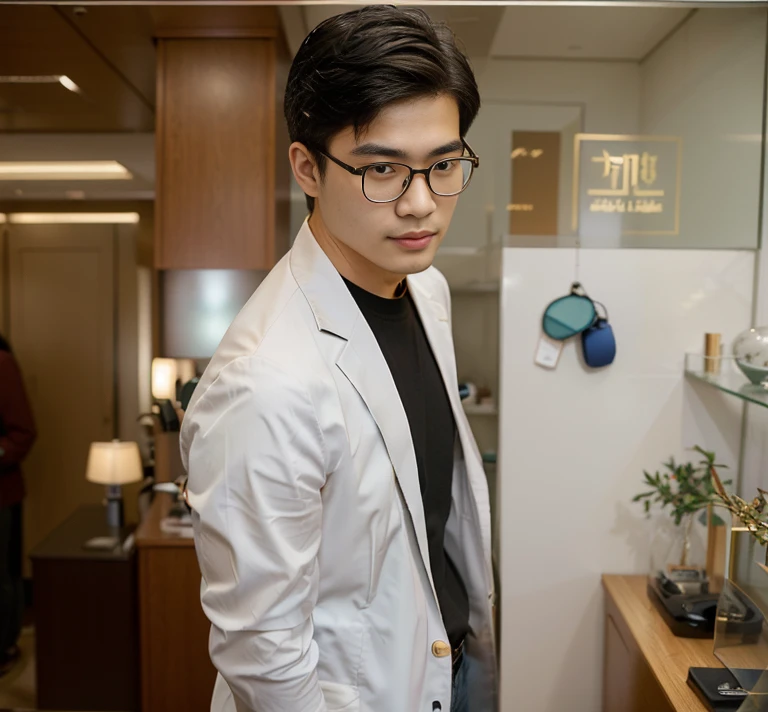 Araaf man wearing clear glass glasses, eyeglasses and a jacket stands on the road., With eyeglasses สวมแว่นตาทรงกลมอันเล็ก, Southeast Asians with round faces, Wear thin, large round glasses., young man with medium - length, With navigator-shaped glasses, With eyeglasses, Inspiration from Zhang Han, A face that is elegantly mellow, wear ray - ban glass, Asian man, Vertical 70 mm