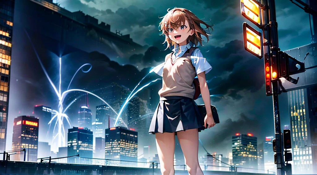 1girl, solo, , tokiwadai , shirt, white shirt, sweater vest, skirt, v-neck, pleated skirt, short sleeves, brown sweater vest, dress shirt, shorts, grey skirt, socks, collared shirt, shoes, loose socks, shorts under skirt, loafers, brown footwear, black skirt, short shorts , misaka mikoto, {{{{stun gun, holding stun gun}}}},:d, muzzle discharge masterpiece, best quality, standing,Urban, City, Skyscrapers, Skyline, Illuminated, Lightning, Thunderous, Bolts, Flashing, Glowing, Vibrant, Electric, Striking, Dynamic, Dramatic, Stormy, Urban sprawl, Nighttime, Silhouette, Energy, Excitement, Thriving, Fast-paced, Metropolis, Traffic, Neon lights, Reflections, Illuminated signs, Rain-soaked, Dramatic contrast, Impressive, Resilient, Towering, Spectacular, Impressive, Bustling, Unforgettable
Show more