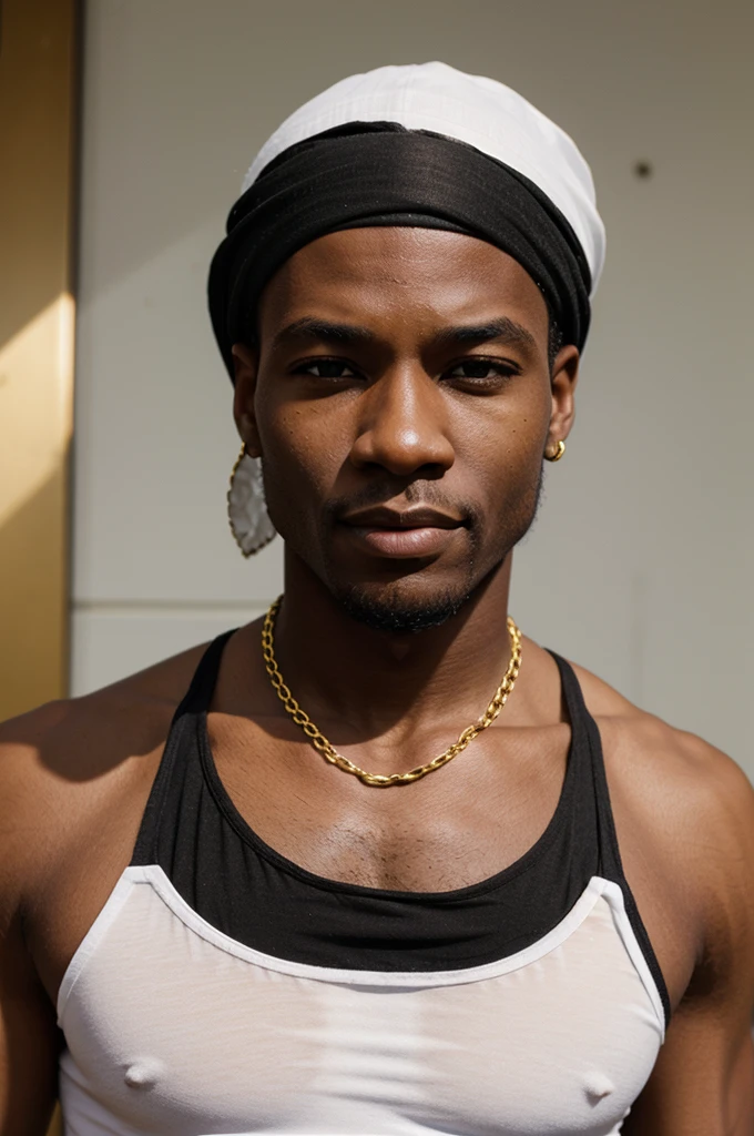 BLACK MAN, BLACK BANDANA, WHITE TANK TOP, GOLD CHAIN, FACE FRONT, BRIGHT FACE