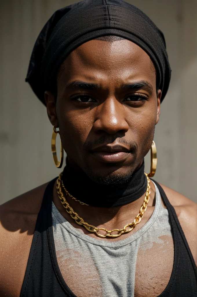 BLACK MAN, BLACK BANDANA, WHITE TANK TOP, GOLD CHAIN, FACE FRONT, BRIGHT FACE