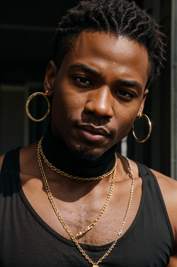 BLACK MAN, BLACK BANDANA, WHITE TANK TOP, GOLD CHAIN, FACE FRONT, BRIGHT FACE