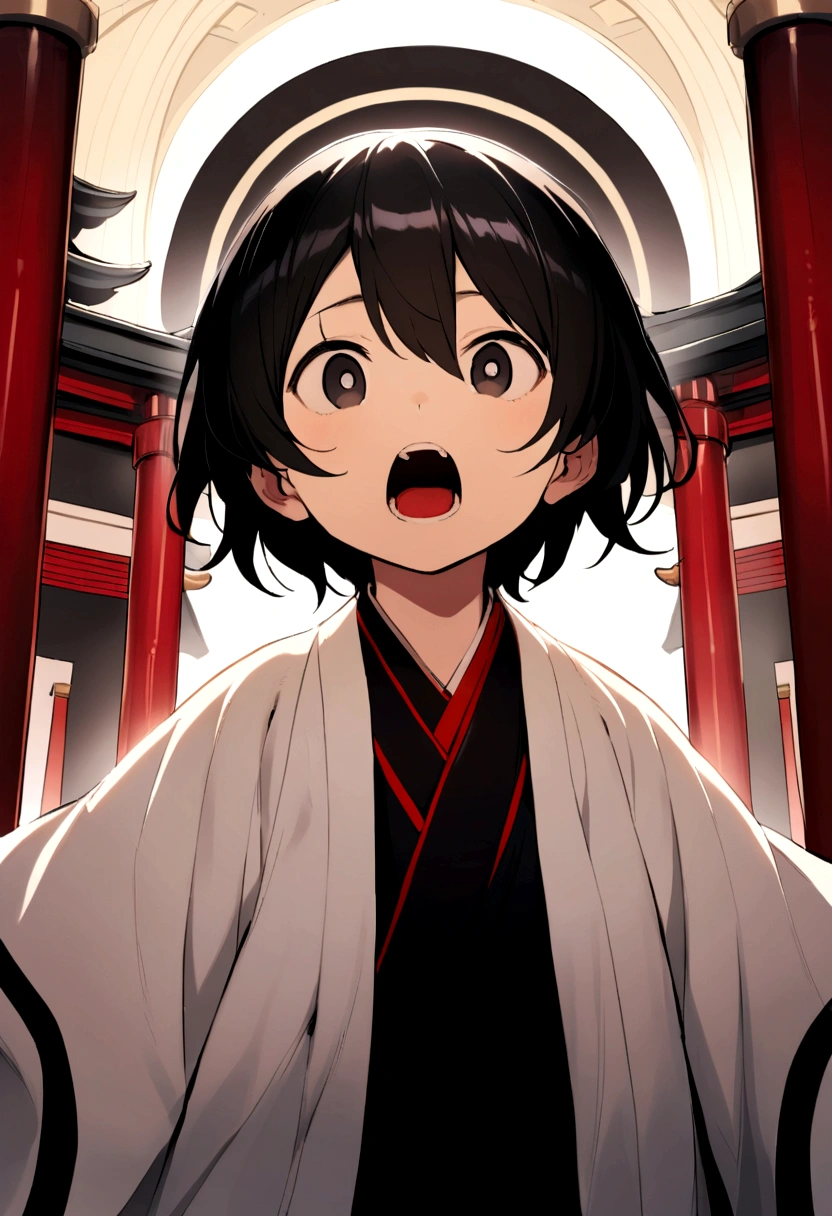 A ten-year-old boy with short black hair wearing a Taoist robe stood in the temple with his mouth wide open black eyes evil in the background