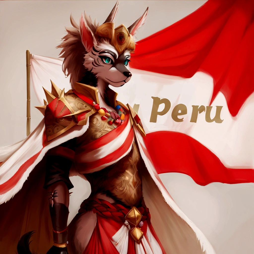 hay una mujer vestida con un disfraz y una bandera, Peru, furson art, commission for high res, Peruvian looking, furson arte peludo commission, furson commission, very very beautiful arte peludo, armadura inspirada en kitsune, pov arte peludo, furry furson, Peruvian, dibujo peludo profesional, furson!!!!, arte peludo!!!, arte peludo, commission for