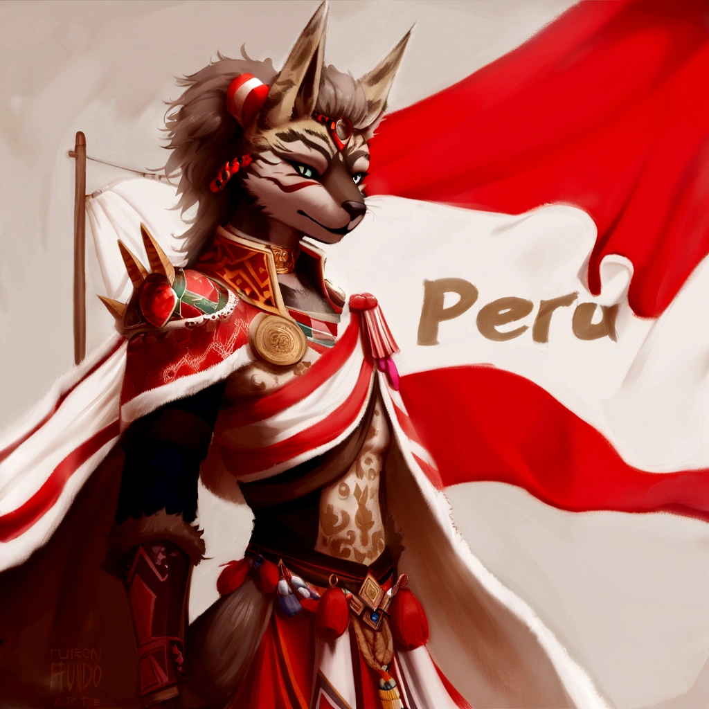 hay una mujer vestida con un disfraz y una bandera, Peru, furson art, commission for high res, Peruvian looking, furson arte peludo commission, furson commission, very very beautiful arte peludo, armadura inspirada en kitsune, pov arte peludo, furry furson, Peruvian, dibujo peludo profesional, furson!!!!, arte peludo!!!, arte peludo, commission for