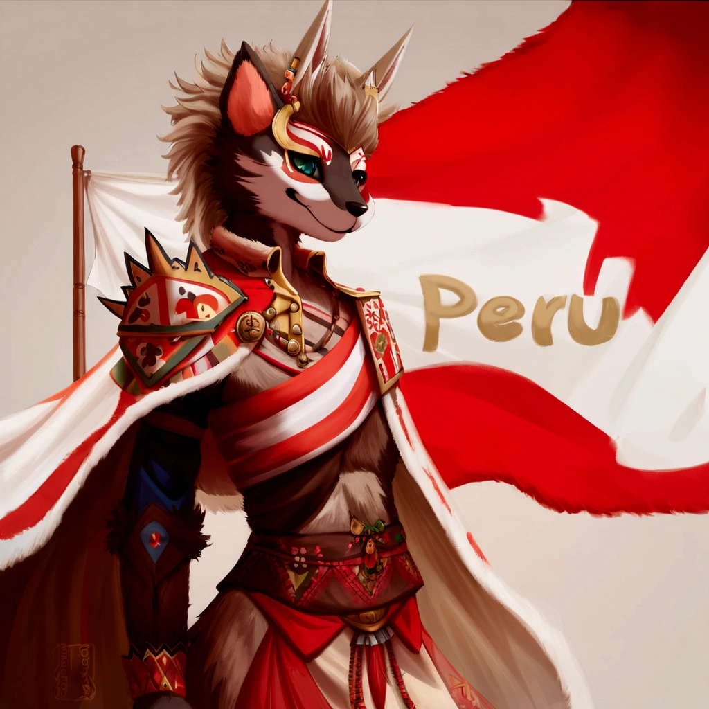 hay una mujer vestida con un disfraz y una bandera, Peru, furson art, commission for high res, Peruvian looking, furson arte peludo commission, furson commission, very very beautiful arte peludo, armadura inspirada en kitsune, pov arte peludo, furry furson, Peruvian, dibujo peludo profesional, furson!!!!, arte peludo!!!, arte peludo, commission for