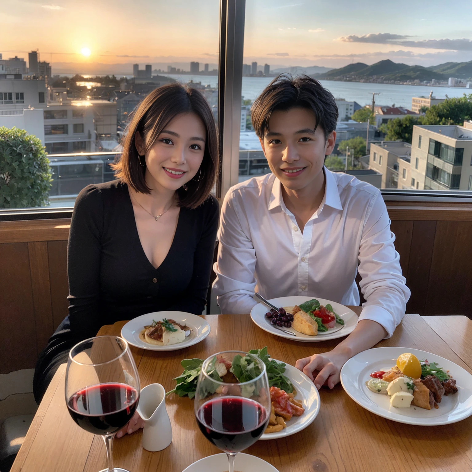((Highest quality、8k、masterpiece:1.3))、 (Genuineistic, Genuine、Bright image、Intricate details:1.2), 最高のsmile 男性1人 女性1人、美しいCouple、spouse、Relatives and friends、actress Couple、Couple、モデルCouple、smile、Full-course dinner at a packed table、テーブルにwine glass、 (Slim face), (the body is slim), (Brown Hair), (short hair), Please shine a light on my face、 Amazing view of the sunset sky and clouds、 (age 34), 38 years old, red wine 、Appetizers、Wine bottle、sparkling wine、Long sleeve shirt、dress、White wine, red wine, wine glass, 