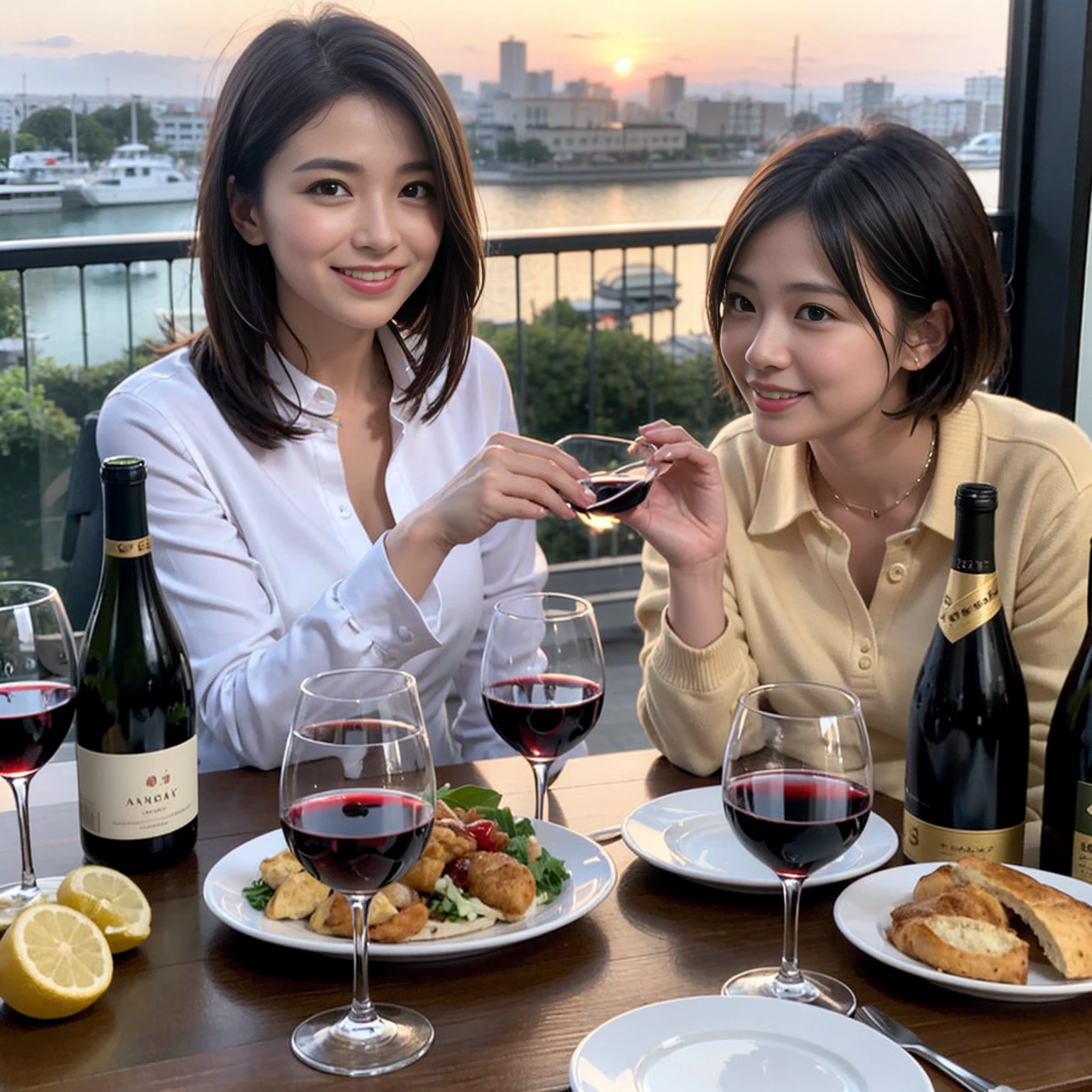 ((Highest quality、8k、masterpiece:1.3))、 (Genuineistic, Genuine、Bright image、Intricate details:1.2), 最高のsmile 男性1人 女性1人、美しいCouple、spouse、Relatives and friends、actress Couple、Couple、モデルCouple、smile、Full-course dinner at a packed table、テーブルにwine glass、 (Slim face), (the body is slim), (Brown Hair), (short hair), Please shine a light on my face、 Amazing view of the sunset sky and clouds、 (age 34), 38 years old, red wine 、Appetizers、Wine bottle、sparkling wine、Long sleeve shirt、dress、White wine, red wine, wine glass, 