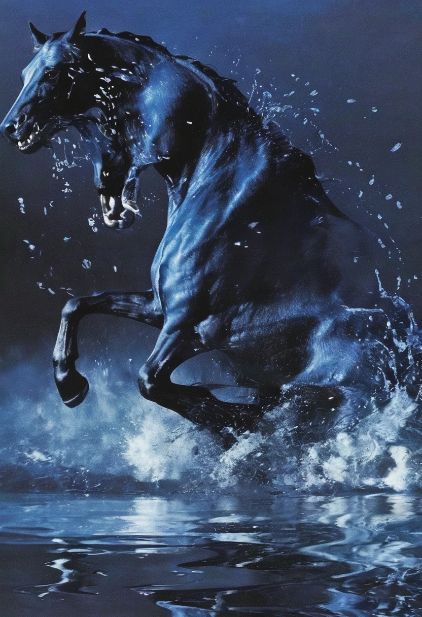 giant running horse in water at night, blue background