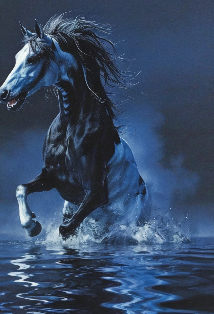 giant running horse in water at night, blue background