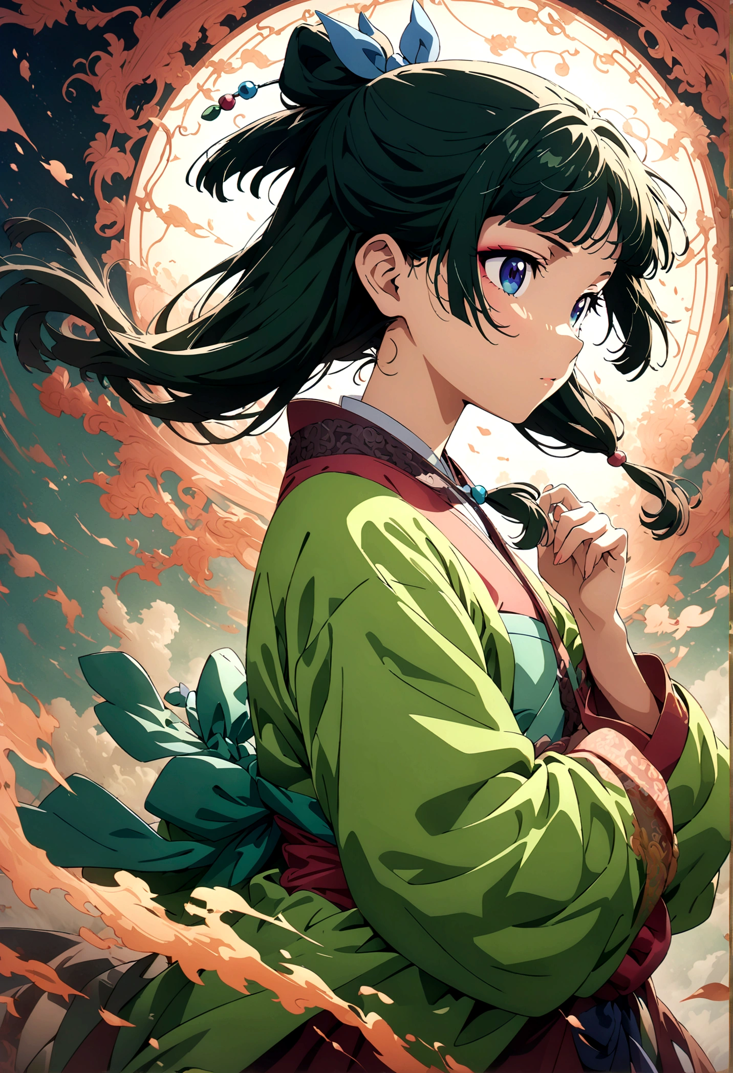1girl,maomao \(kusuriya no hitorigoto\),kusuriya no hitorigoto,Intricate details,Wide range of colors,artwork,rendering,(masterpiece:1.3),(highest quality:1.4),(Super detailed:1.5),High resolution,Very detailed,unity 8k wallpaper,Decadent,Wind