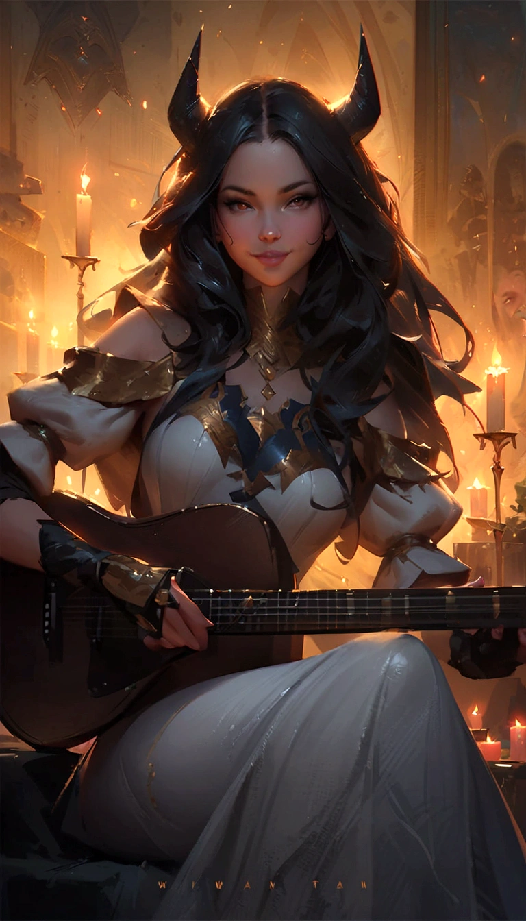 a woman with horns playing a guitar in a room with candles, artwork in the style of guweiz, artgerm and atey ghailan, guweiz, guweiz masterpiece, guweiz on pixiv artstation, ross tran 8 k, guweiz on artstation pixiv, by Ross Tran, Smiling