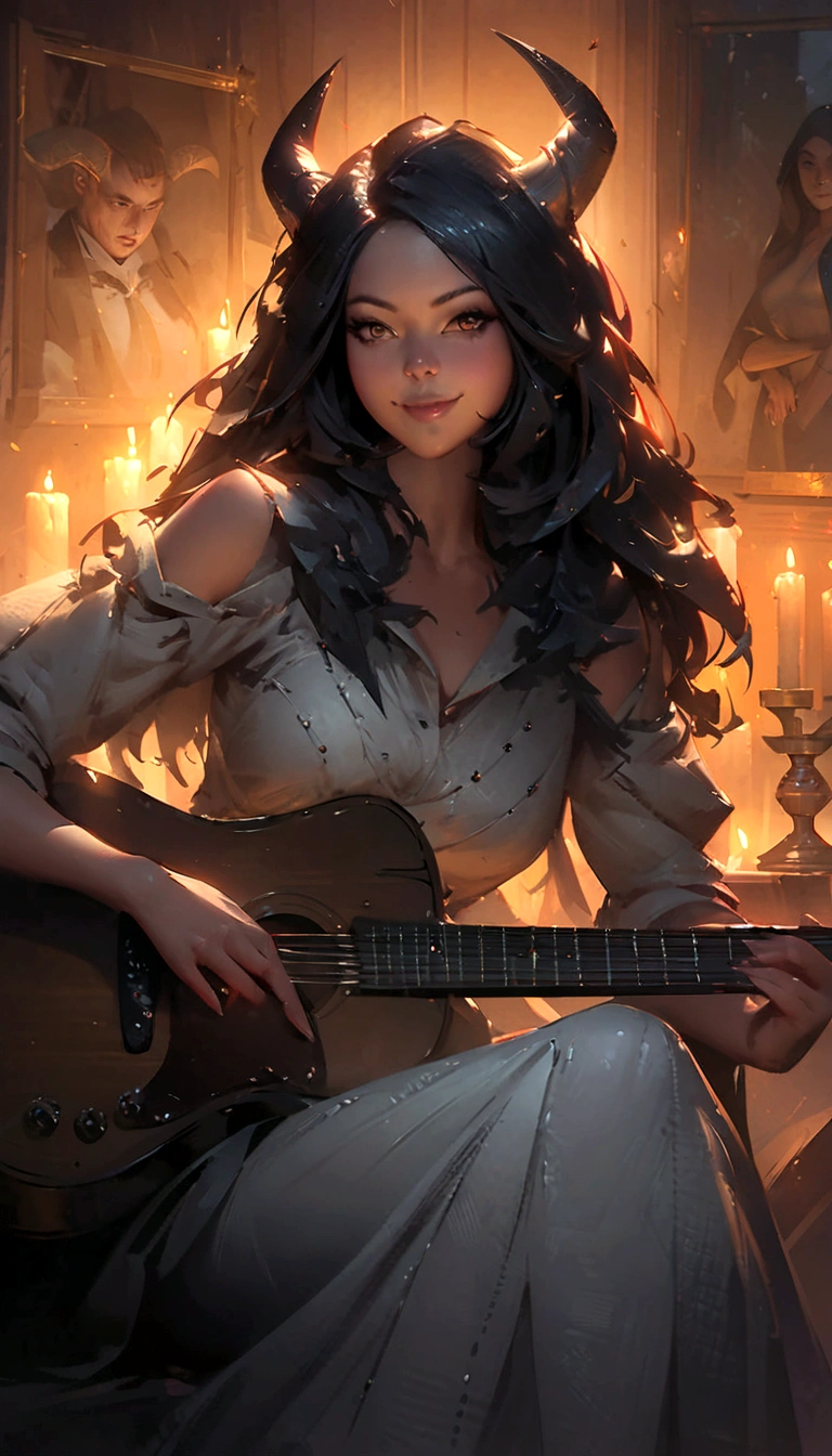 a woman with horns playing a guitar in a room with candles, artwork in the style of guweiz, artgerm and atey ghailan, guweiz, guweiz masterpiece, guweiz on pixiv artstation, ross tran 8 k, guweiz on artstation pixiv, by Ross Tran, Smiling