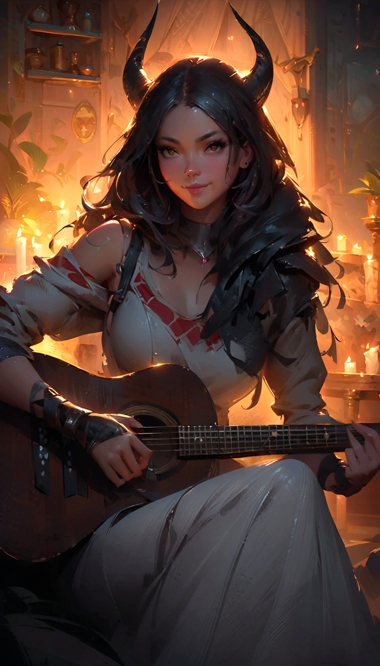 a woman with horns playing a guitar in a room with candles, artwork in the style of guweiz, artgerm and atey ghailan, guweiz, guweiz masterpiece, guweiz on pixiv artstation, ross tran 8 k, guweiz on artstation pixiv, by Ross Tran, Smiling