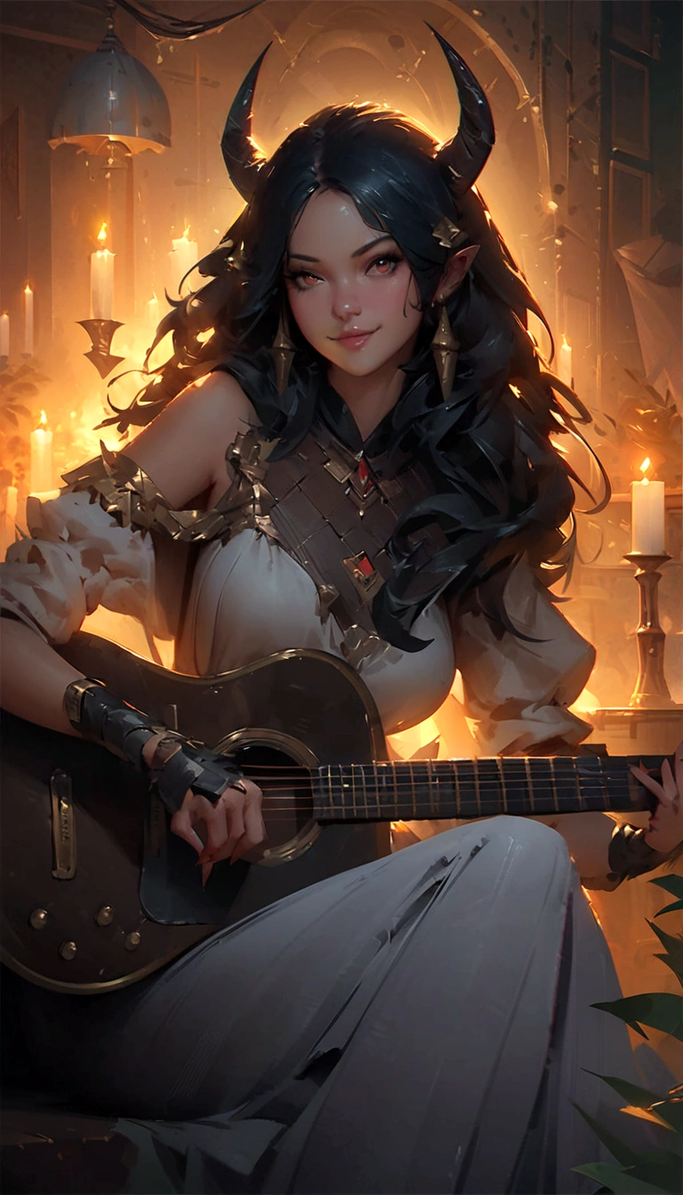 a woman with horns playing a guitar in a room with candles, artwork in the style of guweiz, artgerm and atey ghailan, guweiz, guweiz masterpiece, guweiz on pixiv artstation, ross tran 8 k, guweiz on artstation pixiv, by Ross Tran, Smiling