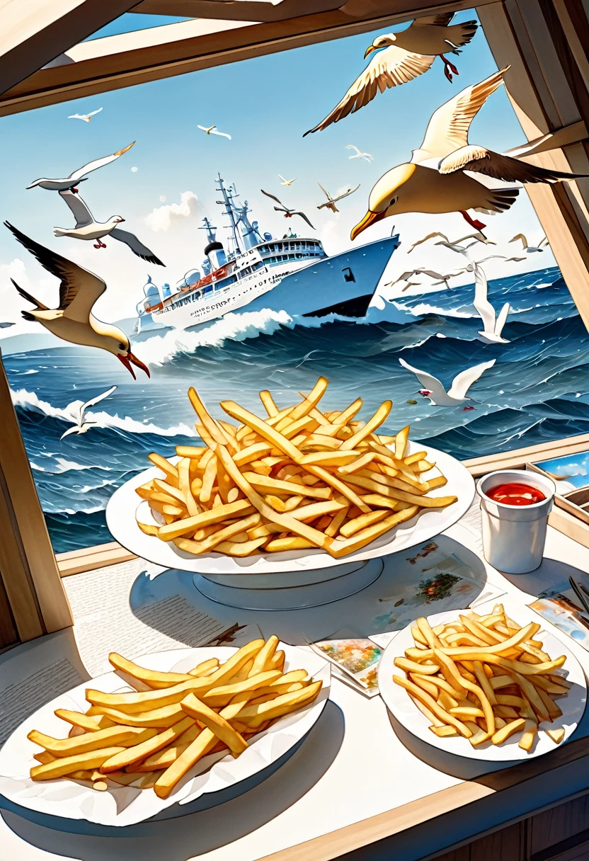 best quality, super fine, 16k, extremely detailed, 2.5D, delicate and dynamic, on a cruiser at sea, watching seagulls through binoculars while eating french fries, fusion of watercolors and oil paintings, fusion of paper cutting and shadow puppetry, three-dimensional effect expressed by light and shade, eye-catching effects, wind, wind effects