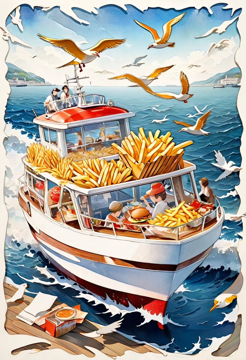 best quality, super fine, 16k, extremely detailed, 2.5D, delicate and dynamic, on a cruiser at sea, watching seagulls through binoculars while eating french fries, fusion of watercolors and oil paintings, fusion of paper cutting and shadow puppetry, three-dimensional effect expressed by light and shade, eye-catching effects, wind, wind effects