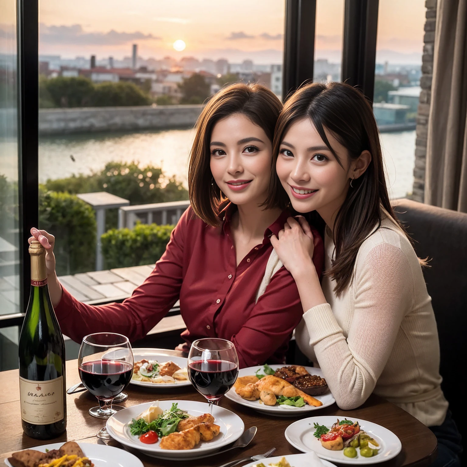 ((Highest quality、8k、masterpiece:1.3))、 (Genuineistic, Genuine、Bright image、Intricate details:1.2), Best smile 1 man 1 woman、Beautiful Couple、Lovers、Relatives and friends、actress couple、couple、Model Couple、Smile、A full-course dinner with a full table、テーブルにwine glass、 (Slim face), (The body is slim), (Brown Hair), (short hair), Please shine a light on my face、 Amazing view of the sunset sky and clouds、 (Age 43), 38 years old, red wine 、Appetizers、Wine bottle、sparkling wine、Long sleeve shirt、dress、White wine, red wine, wine glass,