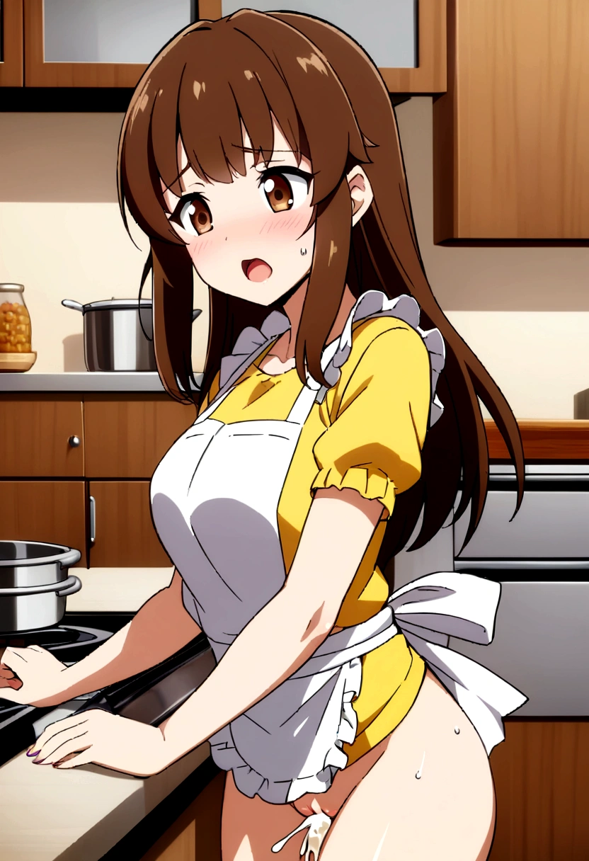 cum in pussy, apron, In the kitchen, Brown Hair, Brown Eyes, Sex, Anime Girl