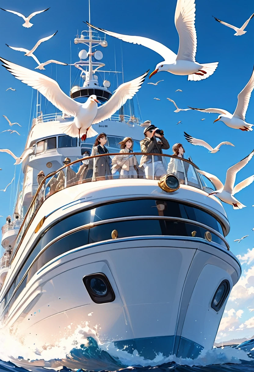 best quality, super fine, 16k, extremely detailed, 2.5D, delicate and dynamic, on a cruiser at sea, watching seagulls through binoculars